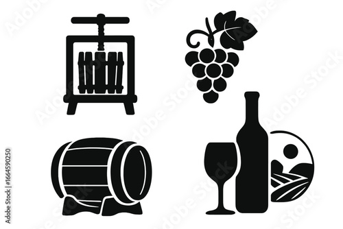 Wine and Vineyard Silhouette Icon Set. Winery Equipment, Grape Harvest, Wine Barrel, Wine Bottle, Glass, Vineyard, Grapes. Vector Illustration Isolated Transparent Background. Wine Production Process