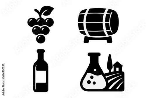 Wine and Vineyard Silhouette Icon Set Illustration. Grape Bunch, Wine Barrel, Bottle, Laboratory Flask, Winery, Vineyard, Agriculture, Farm, Beverage Production, Transparent Background Vector Art