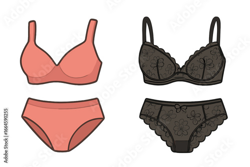 Women's lingerie sets vector illustration. Two different styles, a simple pink cotton set and a sexy black lace lingerie set. Female underwear, bra and panties isolated.