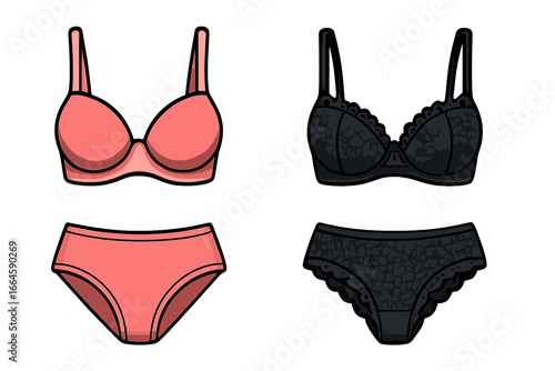 Women's lingerie set vector illustration. Two styles of female underwear, a simple pink bra and panties and a sexy black lace set. Fashion clothing cartoon icon collection isolated.