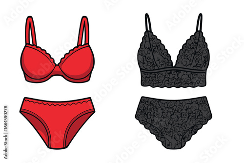 Two lingerie sets vector illustration. Red push-up bra and panties. Black lace bralette and bikini. Women's sexy intimate underwear fashion collection. Isolated cartoon design.