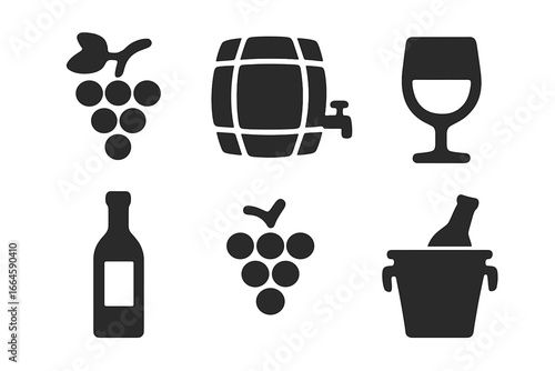 Wine Tasting Solid Icon Set. Grape Bunch, Wine Barrel, Wine Glass, Bottle, Bucket with Ice, Vineyard, Winery, Alcohol Collection. Vector Cartoon Black Icons Isolated on Transparent Background
