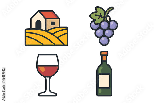 Wine tasting icons collection. Vineyard field, grape bunch, wine glass, wine bottle. Cartoon vector illustration. Transparent background. Wine production, agriculture, drinks concept, set of 4.