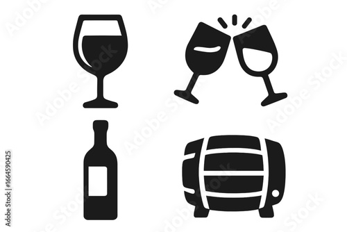 Wine solid icon set. Drink, cheers, bottle and barrel symbols. Vector glyph collection for alcohol, beverage, party or winery concepts. Bar menu graphic element. Isolated.