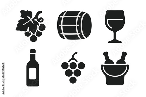 Wine Tasting Solid Icon Set. Grape Vine Bunch, Wine Barrel, Glass, Bottle, Ice Bucket Symbol Collection. Winery and Vineyard Cartoon Illustration. Beverage, Alcohol, Drink Elements Vector Art