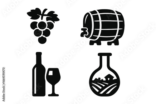 Wine and vineyard silhouette icon set with grapes, barrel, bottle, and flask. Vector graphic elements for winemaking, tasting, and oenology. Agriculture and beverage symbols.