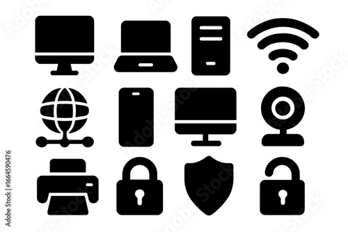 Technology silhouette icon set with computer, laptop, desktop, printer, mobile device, server, webcam, wifi, internet, network, data protection, security lock, shield. Vector illustration.