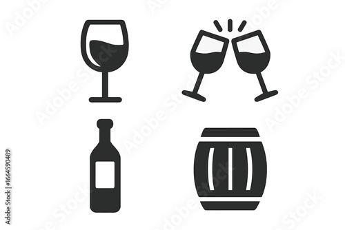 Wine and beverage solid icon set. Vector glyph collection with wineglass, bottle, wooden barrel and clinking glasses for cheers. Alcohol drink and celebration pictogram symbols.