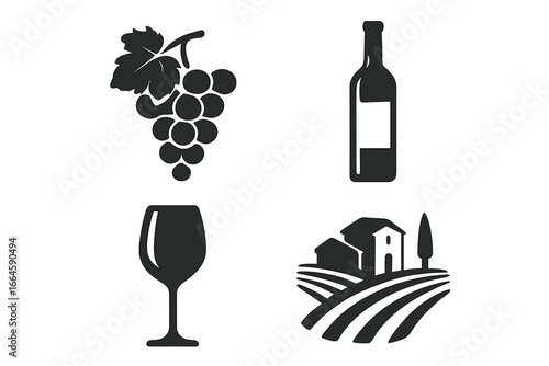 Wine and winery silhouette icon set. Vector collection of black isolated symbols: grape bunch, wine bottle, glass, and vineyard landscape. Oenology and viticulture concept.