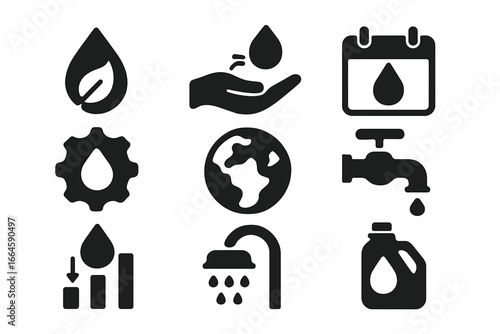 Water conservation solid icon set. Sustainable water usage and saving collection. Eco-friendly symbols: drop, tap, hand, shower, earth, calendar, gear, bottle. Vector cartoon illustration.