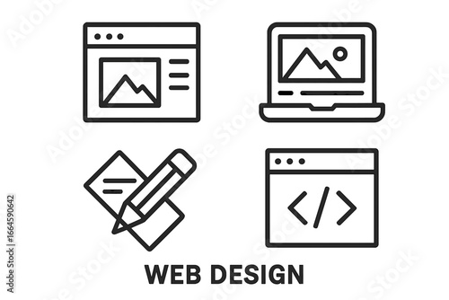 Web design icon set for development. UI UX interface, programming, coding, content creation, and responsive design line icons. Vector illustration for website layout and graphics.