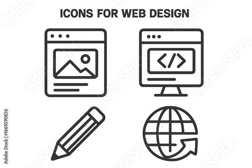 Web design and development icon set. Vector line icons for website creation, UI UX design, coding, and programming. Global internet technology and content creation symbols.