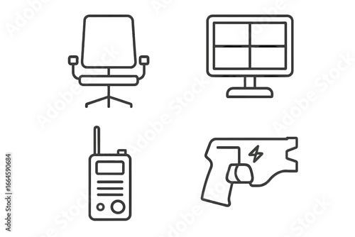 Bailiff and security officer tools line icon set. Law enforcement equipment vector. Court justice concept. Includes stun gun, radio, surveillance monitor, and empty office chair.