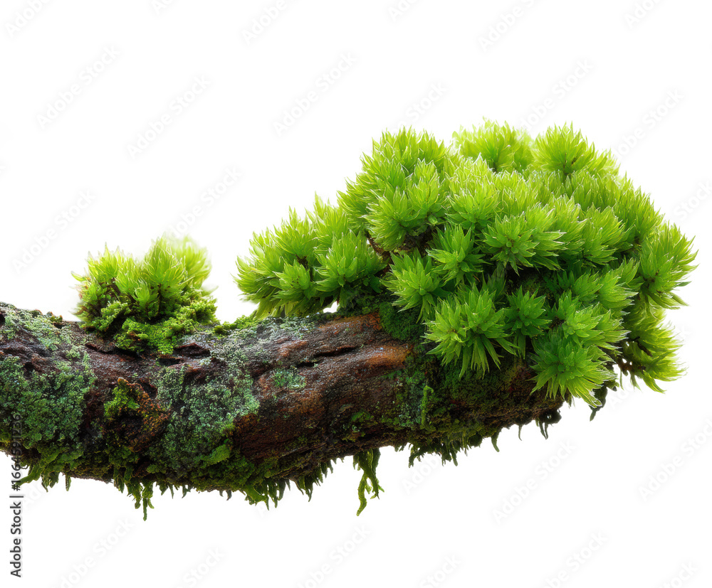 Fototapeta premium Lush green moss growth on tree branch nature scene tranquil environment isolated on transparent background, png