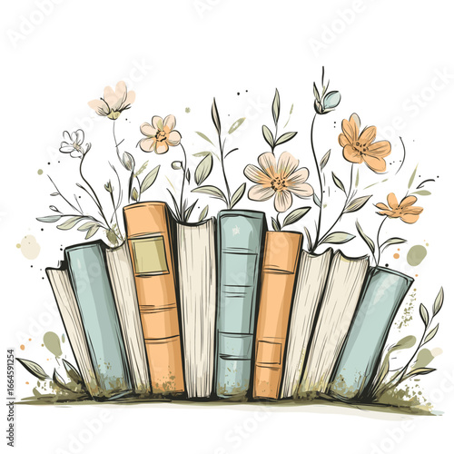 Colorful books with flowers growing from them