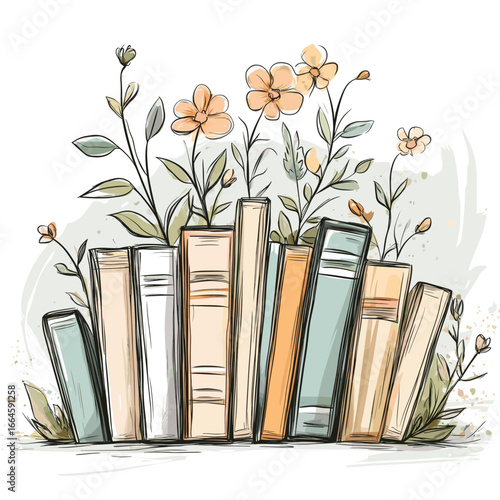 Colorful books with flowers growing from them