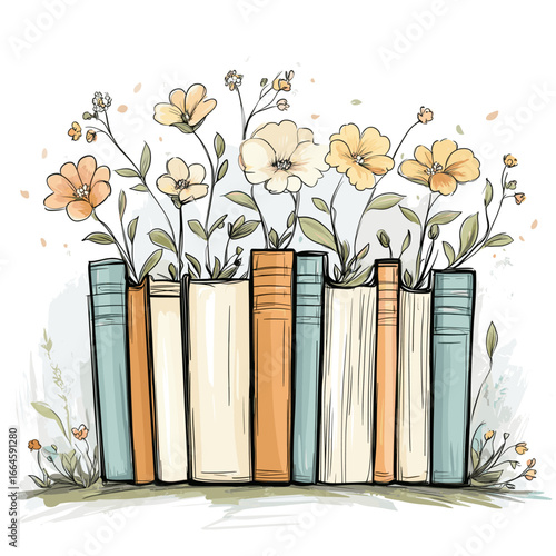 Colorful books with flowers growing from them