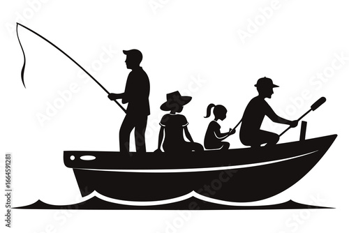 Family of four enjoying a fishing trip together on a boat