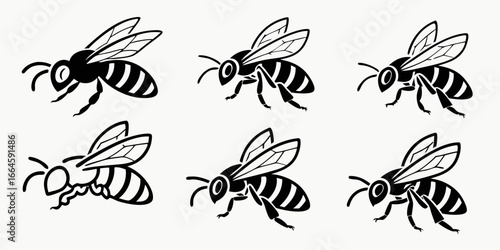Six Stylized Black and White Bee Illustrations