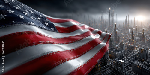 American flag waves above industrial refinery skyline, symbolizing energy and grit