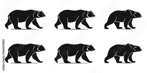 Six Stylized Black Bear Silhouettes Walking
