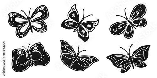 Six Stylized Black Butterfly Silhouettes with White Accents