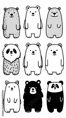 Cute collection of cartoon bears in different styles and colors displayed in a grid pattern