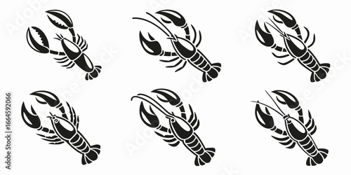 Six Stylized Black Lobster Silhouettes on White Background