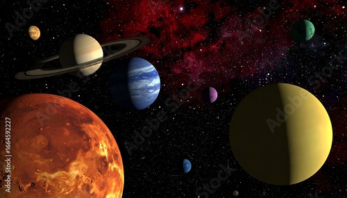 A digital rendering of the solar system's planets against a cosmic backdrop