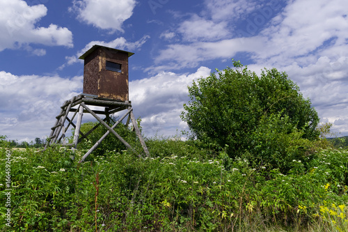 Landscape with a hunting lodge. A hunting lodge is a facility for observing and hunting wild game.