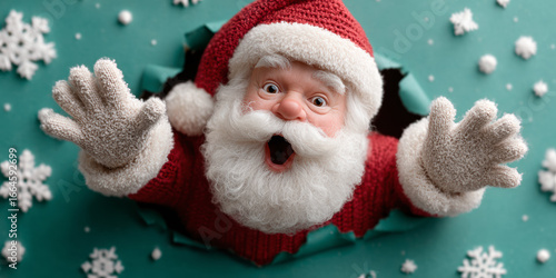 Surprised Santa bursting through teal paper with snowflakes and cozy knit gloves