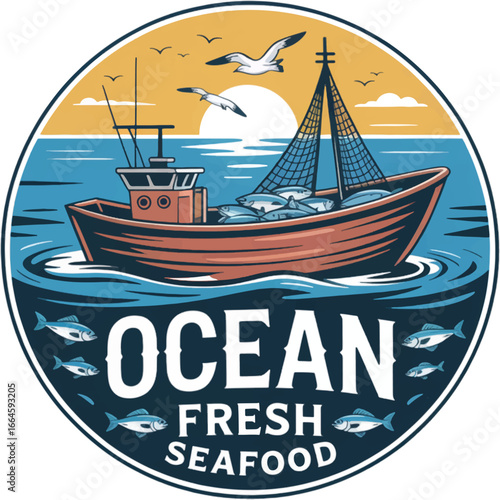 Fishing trawler with fish catch and seagulls at sunset with text Ocean Fresh Seafood boat