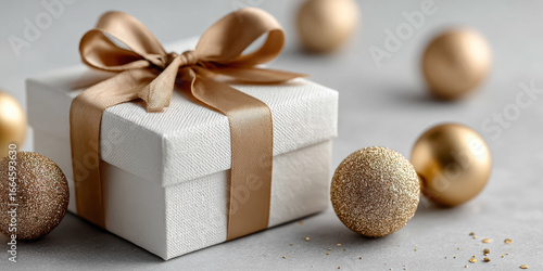 White gift box with satin gold ribbon surrounded by glittering golden baubles
