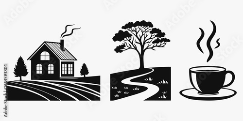 Stylized Black and White Icons of Rural Life and Coffee