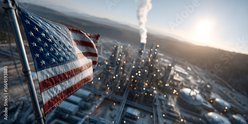 American flag overlooking refinery at sunset, emblem of U.S. energy strength