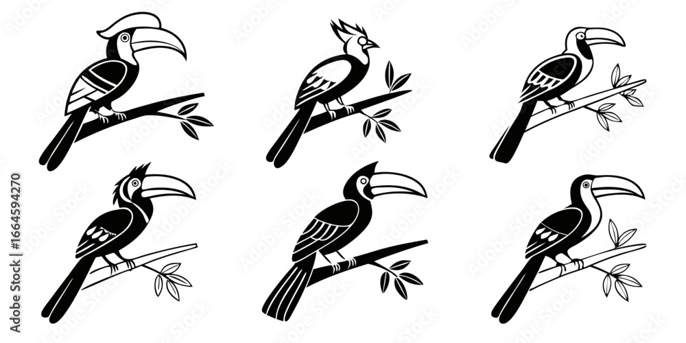 Obraz premium Stylized Black and White Toucan Bird Illustrations on Branches