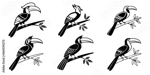 Stylized Black and White Toucan Bird Illustrations on Branches