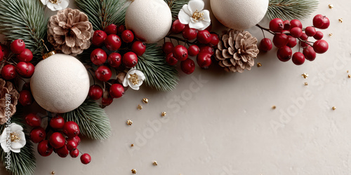 Christmas arrangement with white baubles, red berries, pinecones and small flowers
