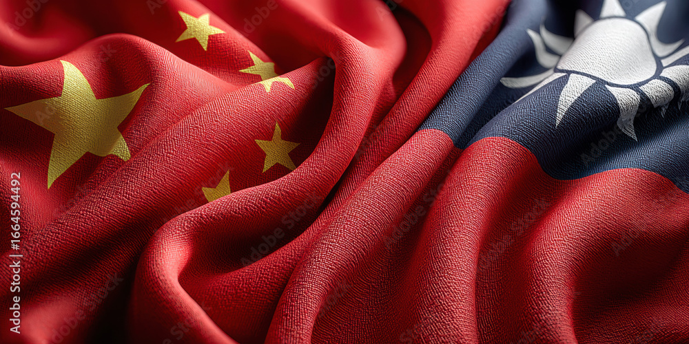 Fototapeta premium China and Taiwan flags crumpled together, showing rivalry, conflict, diplomacy