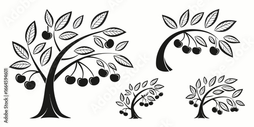 Stylized Black Cherry Trees with Leaves and Fruit