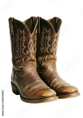 A pair of classic well-worn brown leather cowboy boots featuring traditional Western embroidery, isolated on a clean white background