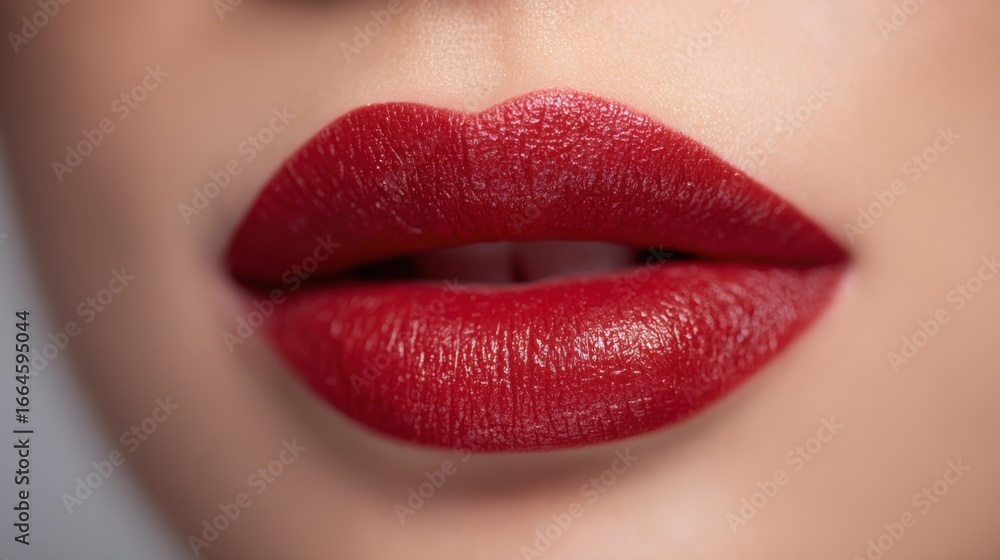 Obraz premium Close-up of Beautiful Full Lips with Rich Red Lipstick, Emphasizing Femininity and Beauty