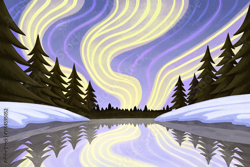 Abstract night winter landscape with glowing polar lights, aurora borealis shining in the sky, and its reflection on calm water surface. dreamy backgrounds.