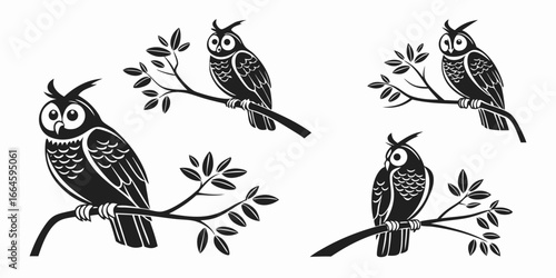 Stylized Black Owls Perched on Branches