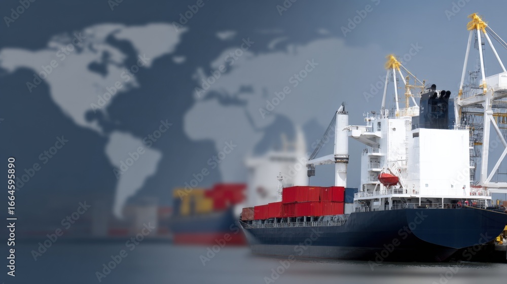Fototapeta premium Global Shipping and Trade: Container Ships at Port with World Map Background