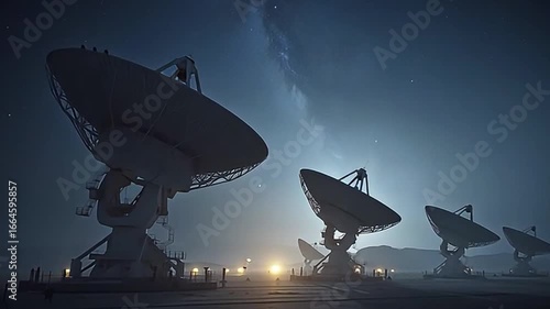 Radio Telescopes Observing Night Sky with Milky Way