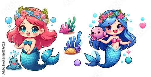 Art of two cute mermaids isolated on white