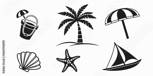 Summer Beach Icons Collection: Palm Tree, Sailboat, Seashell