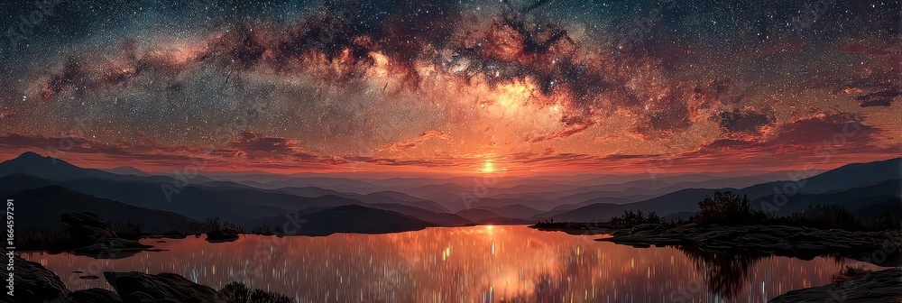 Fototapeta premium Stunning milky way galaxy reflection over serene mountain lake at dusk in a remote location