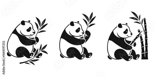 Three Stylized Pandas with Bamboo Branches